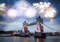 celebratory fireworks over Tower Bridge - New Year destination. London. UK Royalty Free Stock Photo