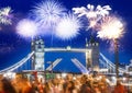 celebratory fireworks over Tower Bridge - New Year destination. London. UK Royalty Free Stock Photo