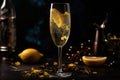 Celebratory French 75 cocktail, served in a champagne flute and garnished with a twist of lemon, surrounded by a festive Royalty Free Stock Photo