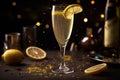 Celebratory French 75 cocktail, served in a champagne flute and garnished with a twist of lemon, surrounded by a festive Royalty Free Stock Photo