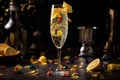 Celebratory French 75 cocktail, served in a champagne flute and garnished with a twist of lemon, surrounded by a festive Royalty Free Stock Photo