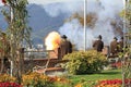 Celebratory gunfire in the castle Schlossberg. Graz, Austria. Royalty Free Stock Photo