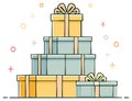A celebratory hand-drawn illustration of a large stack of wrapped gift boxes with festive confetti Royalty Free Stock Photo