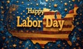 Celebratory Happy Labor Day message with sparkling golden fireworks and stars overlaying the United States flag, honoring