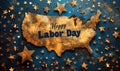 Celebratory Happy Labor Day message with sparkling golden fireworks and stars overlaying the United States flag, honoring