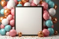 Celebratory mockup, pastel balloons, frame, confetti, flat lay