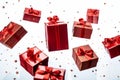 Celebratory motion: Flying red gift boxes with bows on white, capturing holiday essence.