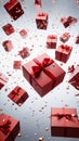 Celebratory motion: Flying red gift boxes with bows on white, capturing holiday essence.