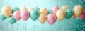 Celebratory pastel balloons on light mint backdrop Banner with text