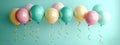 Celebratory pastel balloons on light mint backdrop Banner with text