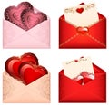 Celebratory Pink envelopes with valentines hearts Pink open envelope with romantic purple hearts and oriental floral patterns