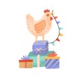 Celebratory rooster standing on pile of gift boxes and holding flag garland beak. Cute cockerel or hen with presents
