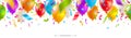 Celebratory seamless banner - multicolored balloons and confetti. Vector festive illustration.