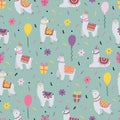 Celebratory seamless pattern with funny lamas. For Birthday