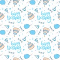 Celebratory seamless pattern with gifts, balloons, confetti, hearts. Royalty Free Stock Photo