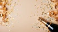Celebratory Sparkle Champagne Bottle with Confetti Stars on Gold Festive Background. created with Generative AI Royalty Free Stock Photo