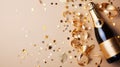 Celebratory Sparkle Champagne Bottle with Confetti Stars on Gold Festive Background. created with Generative AI Royalty Free Stock Photo