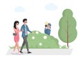 Celebrity couple walking in park, paparazzi hiding in bush with photo camera vector flat illustration. Royalty Free Stock Photo