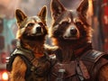 Celebrity pets photographed in iconic movie scenes, Cybernetic Canines Ready for Action, Two digitally enhanced dogs equipped with