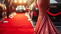 Celebrity woman in long fashionable luxury gown walking on a red carpet to celebrity gala event