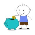 Kid Save Money On Piggy Bank Doodle Illustration Royalty Free Stock Photo