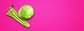 Celery branch bunch and green cabbage isolated on pink banner