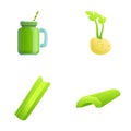 Celery drink icons set cartoon vector. Sliced stem round root and green smoothie