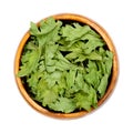 Celery, dehydrated green leaves, strong flavored herb, in wooden bowl Royalty Free Stock Photo