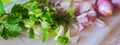 Celery leaves with sliced shallots on cutting board Royalty Free Stock Photo