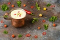 Celery root soup in copper cup on dark background. Royalty Free Stock Photo