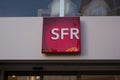 Retail of logo of SFR store, the french phone operator