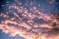 Celestial Abstract real beauty background. Dark purple blue pink bright fantastic sunset reflections sky cumulus clouds