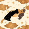 Celestial woman and moon esoteric golden seamless pattern.