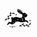 Celestial animal silhouette of running rabbit. Magic bunny with natural elements. Black magical bunny rabbit