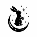 Celestial animal silhouette of standing rabbit with moon. Magic bunny. Black magical bunny rabbit