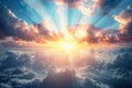 Celestial beauty Divine rays break through clouds, revealing serene panorama