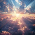 Celestial beauty Divine rays break through clouds, revealing serene panorama