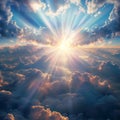 Celestial beauty Divine rays break through clouds, revealing serene panorama