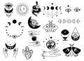 Celestial black magic symbols sun, moon, crystals, evil eye, witch hands and moth. Set of esoteric symbols, alchemy and