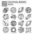 Celestial bodies, planets, meteorites, solar system, comets, stars set icon thin line, linear, outline. celestial bodies, planets