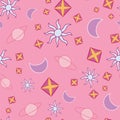 Celestial bodies seamless pattern. Hand drawn astronomical objects on pink background.