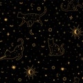 Celestial cat seamless pattern. Starry cat repeat background. Vector mystery fabric, wallpaper with stars, sun, moon. Royalty Free Stock Photo