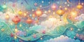 Celestial celebration enchanting illuminated lanterns dancing amongst whimsical clouds and stars. Generative AI Royalty Free Stock Photo