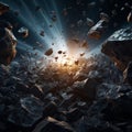 Celestial chaos unfolds with rocks and debris soaring after explosion