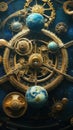 Intricate celestial clock mechanism with planetary orbits and detailed gears in focus