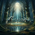 Celestial Conclave: Unicorns Converge in Enchanted Woods Royalty Free Stock Photo