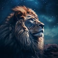 Celestial Contemplation: Majestic Male Lion Gazes at Starry Night