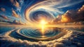 Celestial convergence a whirlwind of clouds and ocean meets a radiant sunrise. Generative AI Royalty Free Stock Photo
