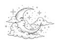 Celestial Crescent Moon with Sleeping Face, Clouds, and Stars Royalty Free Stock Photo