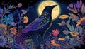 Celestial crow, vision, protector, spirit, tribal style, psychedelic imaginary creature, magic night, Moon. AI Generative banner